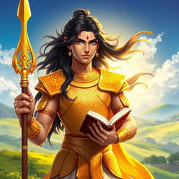 A majestic digital illustration of Sahadeva, one of the heroes from the Indian epic Mahabharata, depicted with divine attributes