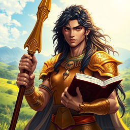 A majestic digital illustration of Sahadeva, one of the heroes from the Indian epic Mahabharata, depicted with divine attributes