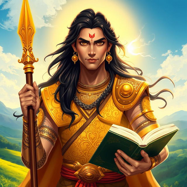 A majestic digital illustration of Sahadeva, one of the heroes from the Indian epic Mahabharata, depicted with divine attributes