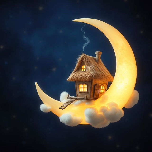 A whimsical and enchanting scene featuring a cozy house perched playfully on the crescent moon