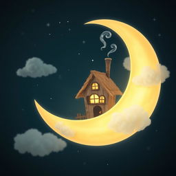 A whimsical and enchanting scene featuring a cozy house perched playfully on the crescent moon