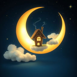 A whimsical and enchanting scene featuring a cozy house perched playfully on the crescent moon