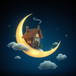 A whimsical and enchanting scene featuring a cozy house perched playfully on the crescent moon