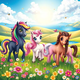 A charming, colorful fantasy landscape featuring a group of adorable ponies in a vibrant meadow