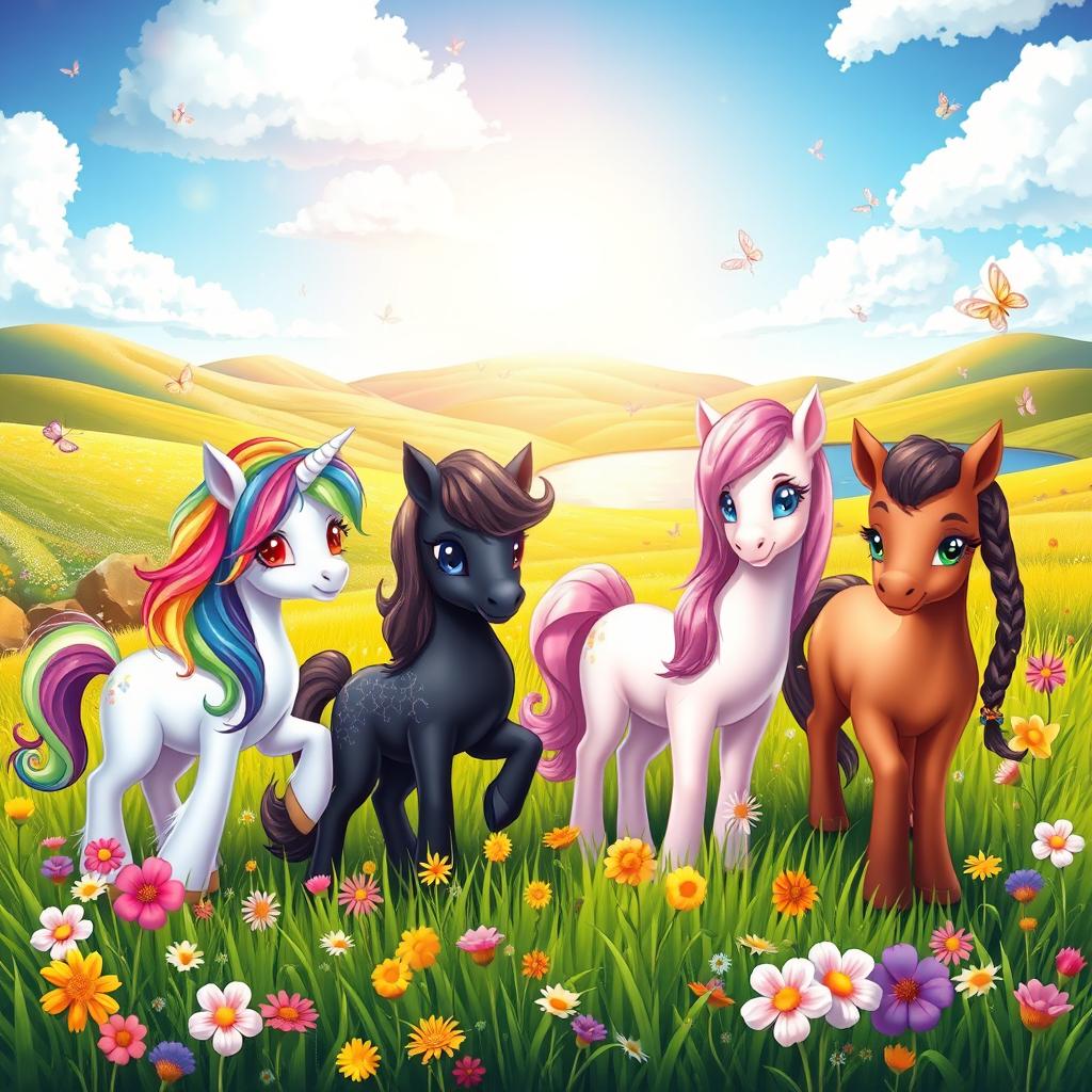 A charming, colorful fantasy landscape featuring a group of adorable ponies in a vibrant meadow