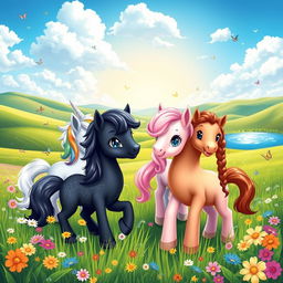 A charming, colorful fantasy landscape featuring a group of adorable ponies in a vibrant meadow