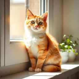 A cute domestic cat sitting gracefully on a sunny windowsill, its fur is soft and fluffy, a blend of orange and white