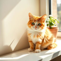 A cute domestic cat sitting gracefully on a sunny windowsill, its fur is soft and fluffy, a blend of orange and white