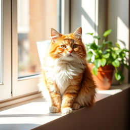 A cute domestic cat sitting gracefully on a sunny windowsill, its fur is soft and fluffy, a blend of orange and white
