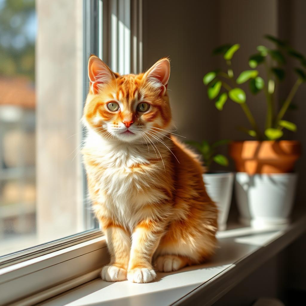 A cute domestic cat sitting gracefully on a sunny windowsill, its fur is soft and fluffy, a blend of orange and white