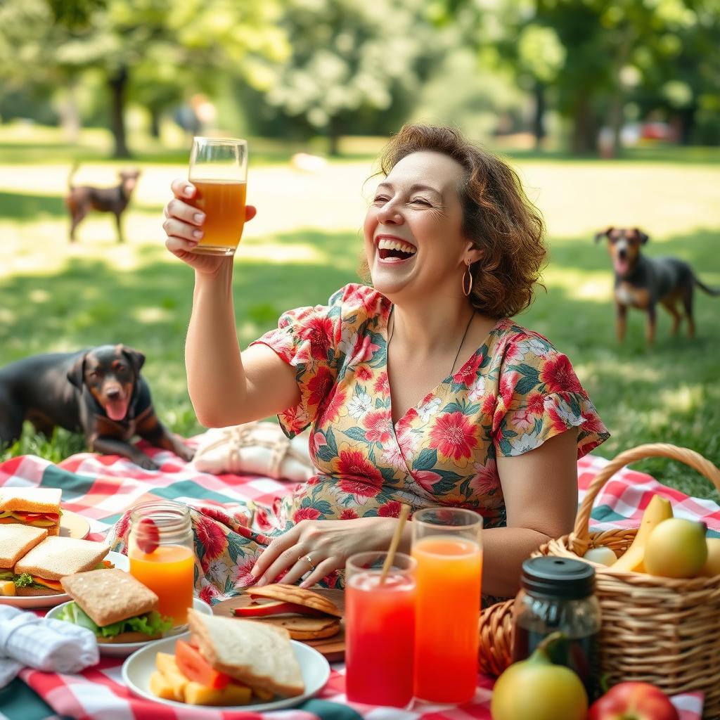 A joyful middle-aged woman with a cheerful expression, wearing a vibrant floral dress, sitting comfortably on a colorful picnic blanket surrounded by delicious picnic food, including sandwiches, fruits, and drinks