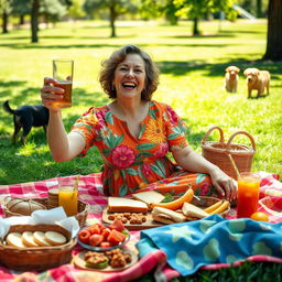 A joyful middle-aged woman with a cheerful expression, wearing a vibrant floral dress, sitting comfortably on a colorful picnic blanket surrounded by delicious picnic food, including sandwiches, fruits, and drinks