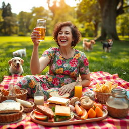 A joyful middle-aged woman with a cheerful expression, wearing a vibrant floral dress, sitting comfortably on a colorful picnic blanket surrounded by delicious picnic food, including sandwiches, fruits, and drinks