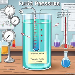 A detailed and educational illustration depicting the concept of fluid pressure in a liquid-filled container