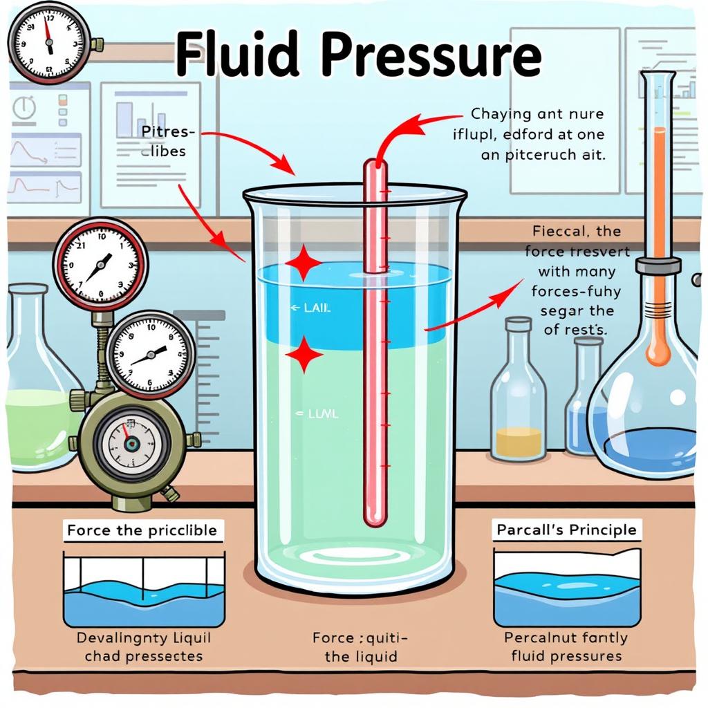 A detailed and educational illustration depicting the concept of fluid pressure in a liquid-filled container