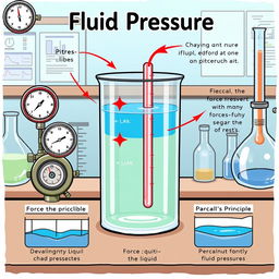 A detailed and educational illustration depicting the concept of fluid pressure in a liquid-filled container