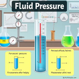 A detailed and educational illustration depicting the concept of fluid pressure in a liquid-filled container