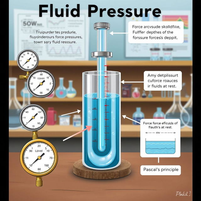 A detailed and educational illustration depicting the concept of fluid pressure in a liquid-filled container