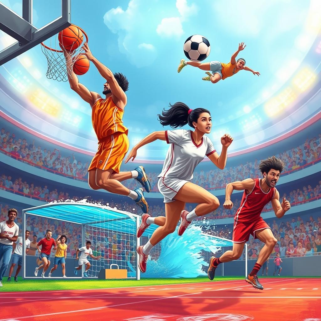 A dynamic depiction of various athletes engaged in different sports activities