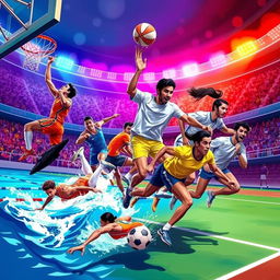 A dynamic depiction of various athletes engaged in different sports activities