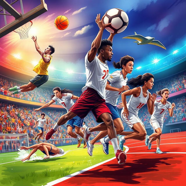 A dynamic depiction of various athletes engaged in different sports activities