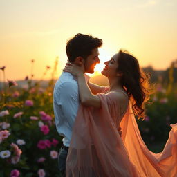 A romantic scene featuring two lovers embracing each other tenderly in a beautiful outdoor setting