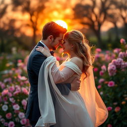 A romantic scene featuring two lovers embracing each other tenderly in a beautiful outdoor setting