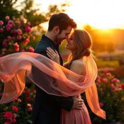 A romantic scene featuring two lovers embracing each other tenderly in a beautiful outdoor setting