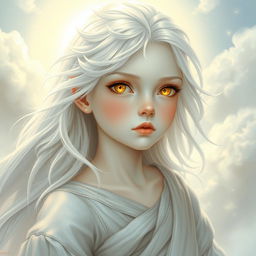 A detailed portrait of a silver-skinned Aasimar, showcasing their otherworldly beauty and celestial traits