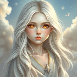 A detailed portrait of a silver-skinned Aasimar, showcasing their otherworldly beauty and celestial traits