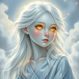 A detailed portrait of a silver-skinned Aasimar, showcasing their otherworldly beauty and celestial traits