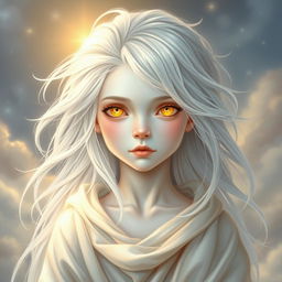 A detailed portrait of a silver-skinned Aasimar, showcasing their otherworldly beauty and celestial traits