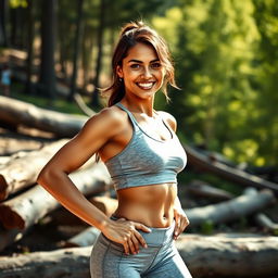 A confident female athlete in a full-body pose, showcasing her fit physique while wearing a light gray athletic outfit