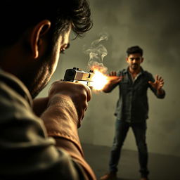 A dramatic close-up shot depicting the pivotal moment Akash pulls the trigger of a gun