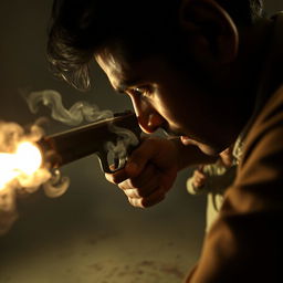 A dramatic close-up shot depicting the pivotal moment Akash pulls the trigger of a gun
