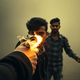 A dramatic close-up shot depicting the pivotal moment Akash pulls the trigger of a gun