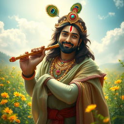 A stunning portrait of Kiccha Sudeep dressed as Lord Krishna, featuring intricate details in his attire, adorned with traditional jewelry and a peacock feather crown