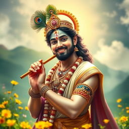 A stunning portrait of Kiccha Sudeep dressed as Lord Krishna, featuring intricate details in his attire, adorned with traditional jewelry and a peacock feather crown