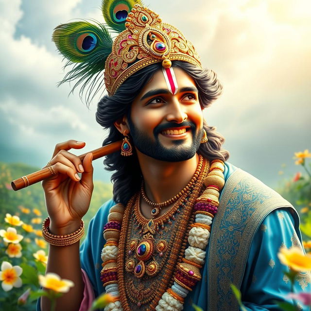 A stunning portrait of Kiccha Sudeep dressed as Lord Krishna, featuring intricate details in his attire, adorned with traditional jewelry and a peacock feather crown