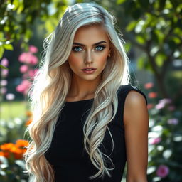 A stunning young woman with long, flowing white hair styled in loose waves