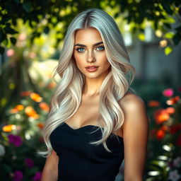 A stunning young woman with long, flowing white hair styled in loose waves