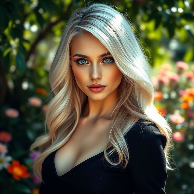 A stunning young woman with long, flowing white hair styled in loose waves