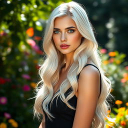A stunning young woman with long, flowing white hair styled in loose waves