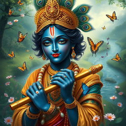 A captivating portrayal of a figure named Yash as Lord Krishna, featuring a divine and tranquil expression, with dark blue skin and adorned with intricate golden jewelry