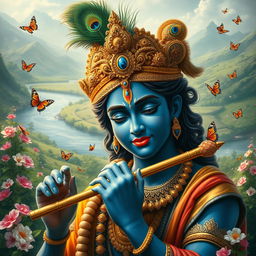 A captivating portrayal of a figure named Yash as Lord Krishna, featuring a divine and tranquil expression, with dark blue skin and adorned with intricate golden jewelry