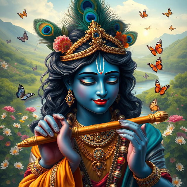 A captivating portrayal of a figure named Yash as Lord Krishna, featuring a divine and tranquil expression, with dark blue skin and adorned with intricate golden jewelry