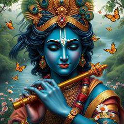 A captivating portrayal of a figure named Yash as Lord Krishna, featuring a divine and tranquil expression, with dark blue skin and adorned with intricate golden jewelry