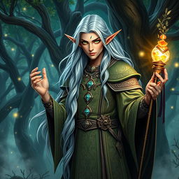 A majestic high elf wizard standing in a mystical forest