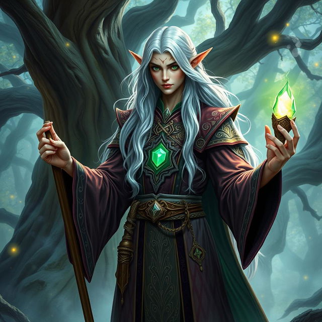 A majestic high elf wizard standing in a mystical forest