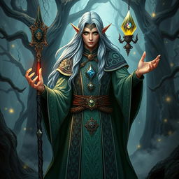 A majestic high elf wizard standing in a mystical forest